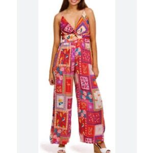 Angie Boho Patchwork Print Wide Leg Jumpsuit Cutout Sleeveless Size M